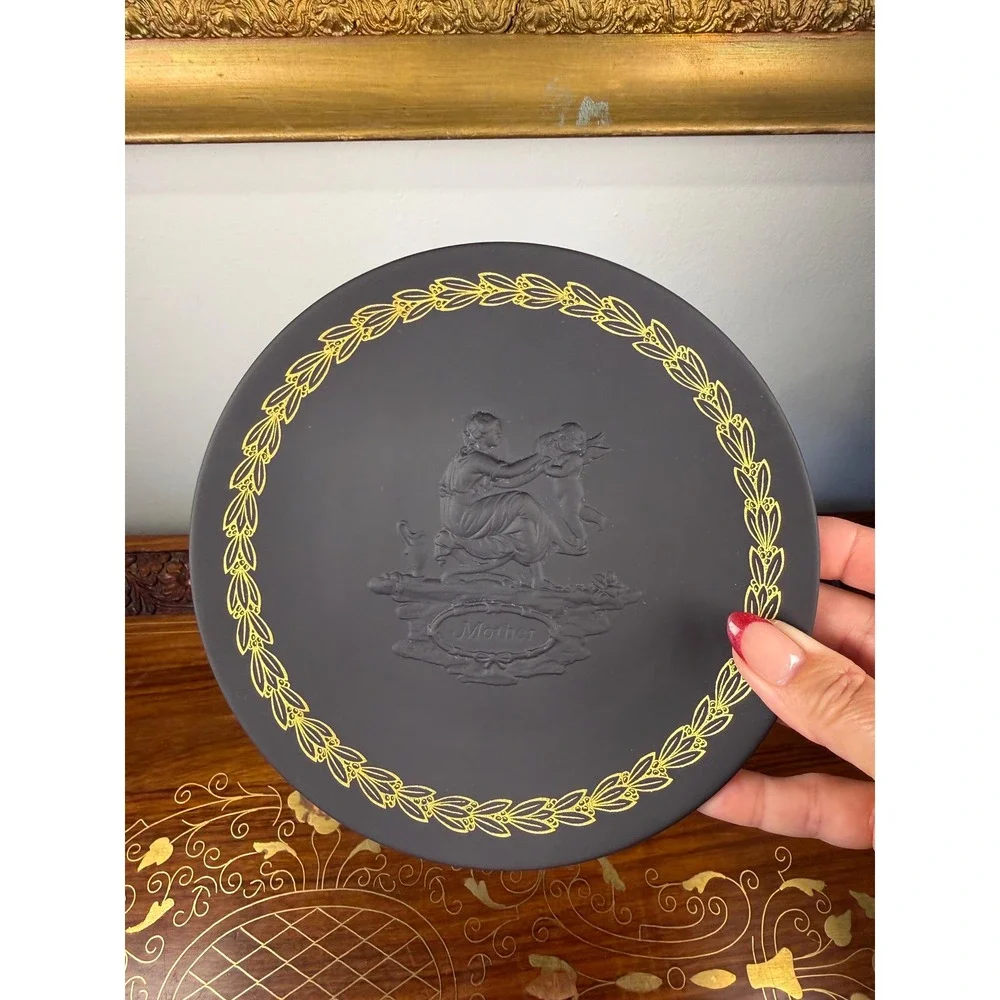 Vintage Wedgwood Mother Plate • Black Basalt Jasperware Gold Relief